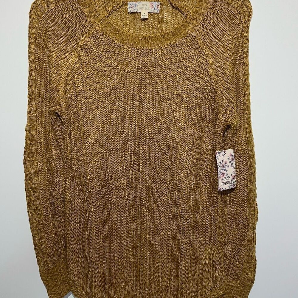 Pink Republic Women's Aztec Gold Crew Neck Open‎ Knit Pullover Sweater Small NWT